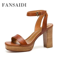 fansaidi summer genuine leather brown platform 9 5cm block heels women sandals thick heels square toe waterproof ladies shoes40