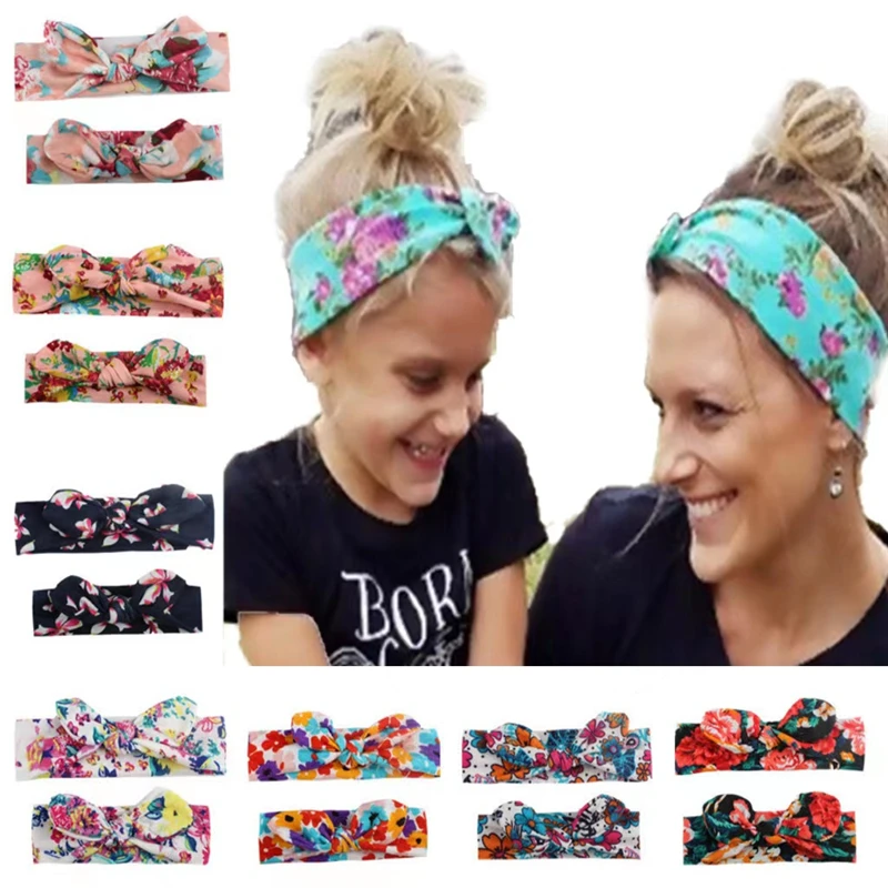 

7Set/Lot Mom & Baby Headbands Mother Baby Turban Mom Daughter Rabbit Ears Hairband Floral Print Parent-Child Hair Accessories