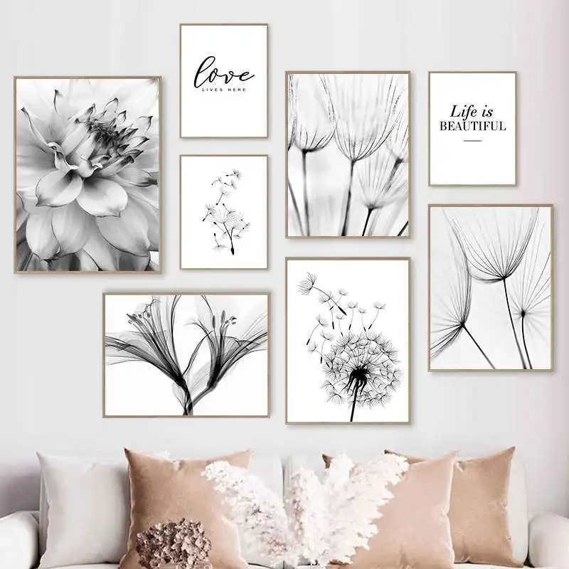 

Нордическая Минималистичная черная белая Одуванчик Цветущая фотография Современная Настенная картина для гостиной домашний декор