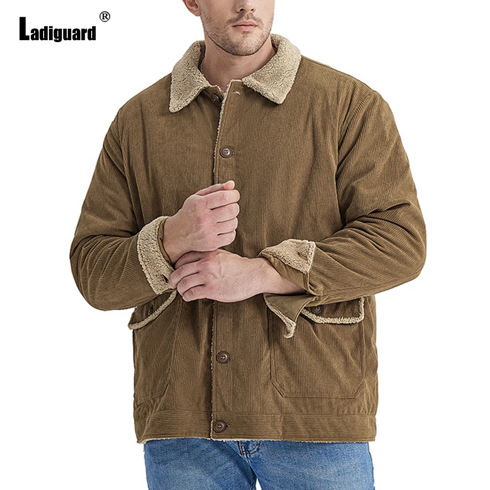 

Ladiguard Men Solid Corduroy Jackets Winter Fleeze Velvet Coats 2022 European Style Fashion Pocket Design Tops Outerwear