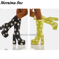 flower print side zipper boots platform green mid calf boots thick high heel shoes on heels for women fashion show ankle bootst