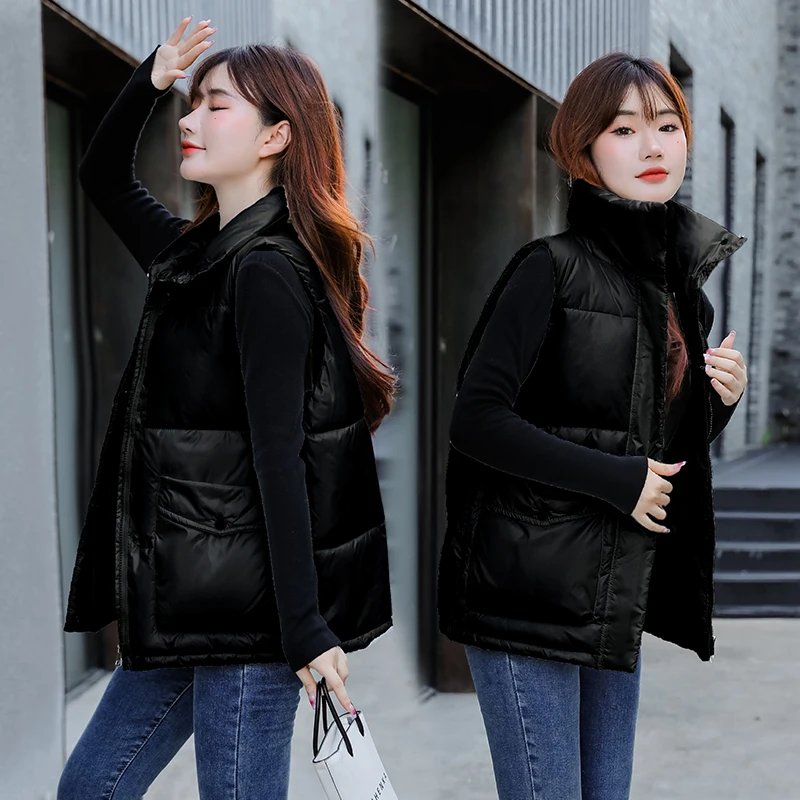 

Winter Bodywarm Down Vest Women Glossy Windproof Waistcoat Jacket All-match Big Pocket Zipper Casual Loose Vest
