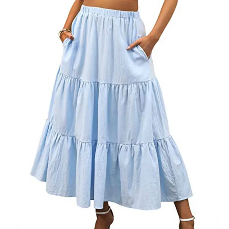 

Women Boho Skirts Summer Autumn Clothes Elastic Waist Pleated A-Line Flowy Layered Long Beach Skirt with Pockets Streetwear