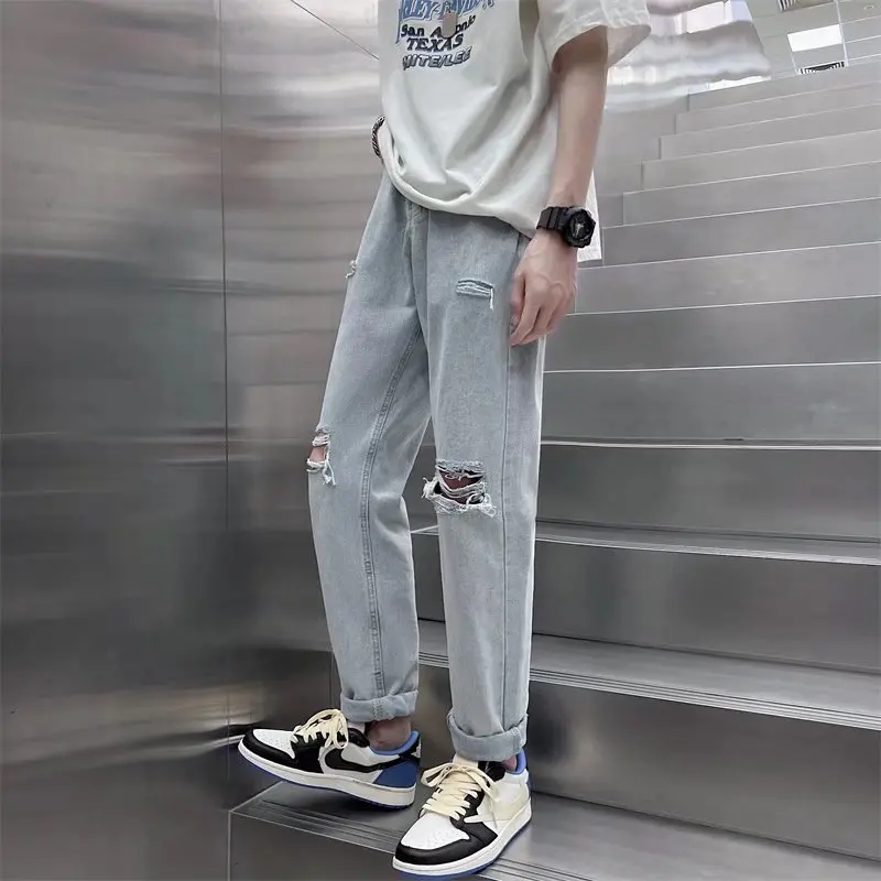 Vintage Streetwear Korean Fashion Ripped Baggy Pants Blue Hip Hop Wide Leg Jeans for Men Denim Trousers