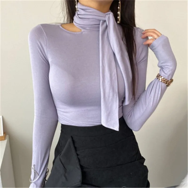 

2021 Autumn Winter New Korean Long-sleeve T-shirt Women's One-shoulder Hollow-out Scarf with High Neck Slim Bottom Top