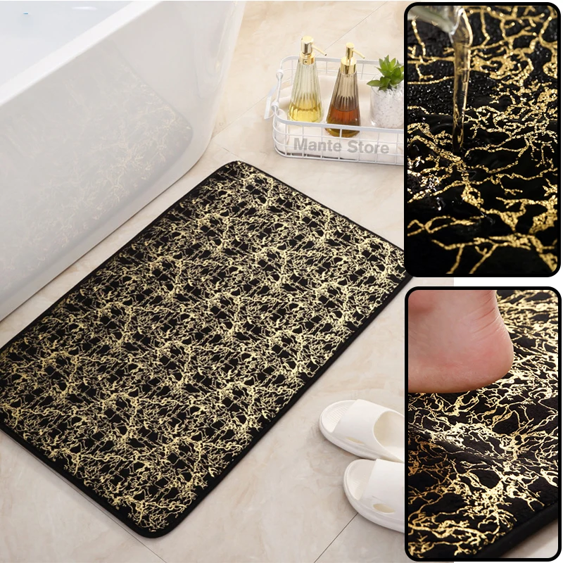 

Black Gold Bath Mat Anti-slip Absorbent Foot Mat For Bathroom Toilet Luxury Velvet Memory Foam Bathroom Rug Kitchen Door Mat