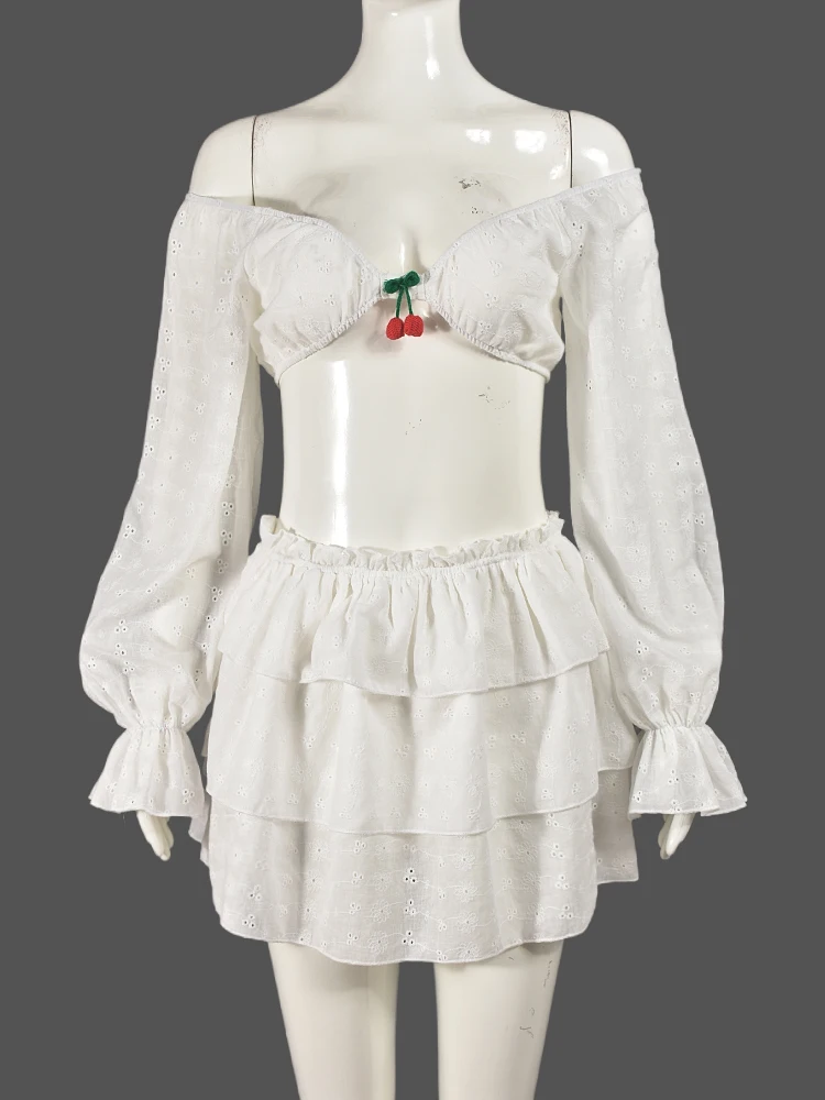 jeden Puss Cherry damski 2-częściowy zestaw jesienny Trend Hollow pełny rękaw głęboki dekolt krótkie bluzki + wielowarstwowe spódnice