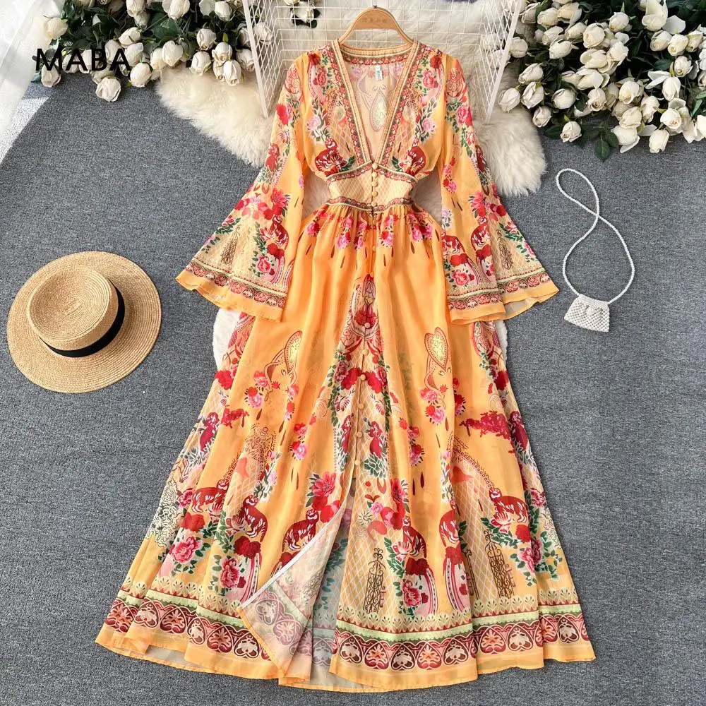 

2023 Spring Summer Runway Flower Orange Chiffon Maxi Dress Women Deep V Neck Long Flare Sleeve Floral Print Boho Robe Vestido