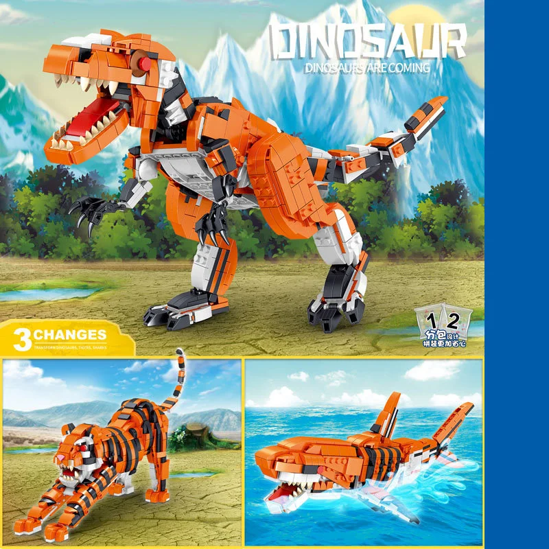 

City Creative Dinosaur Shark Lion Three Changes Desktop Ornament Collection Micro Building Blocks Bricks Toys Gifts