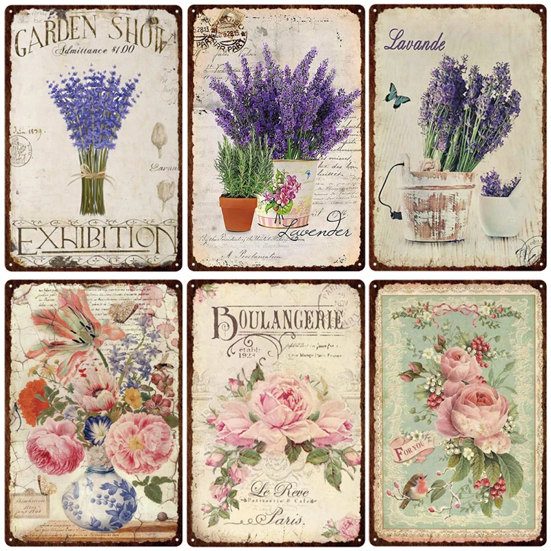 

Pastoral Style Flower Plaque Metal Tin Sign Lavender Rose Retro Plates Poster for Living Room Home Garden Wall Decor 20x30cm