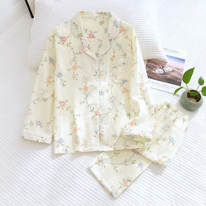 

Pajamas Cotton Gauze Ladies Thin Cartoon Soft Long-sleeved Trousers Home Clothes Women Sweat-absorbing Breathable Two-piece Set