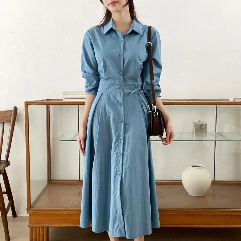 Элегантное осеннее однобортное платье-рубашка в корейском стиле повседневный