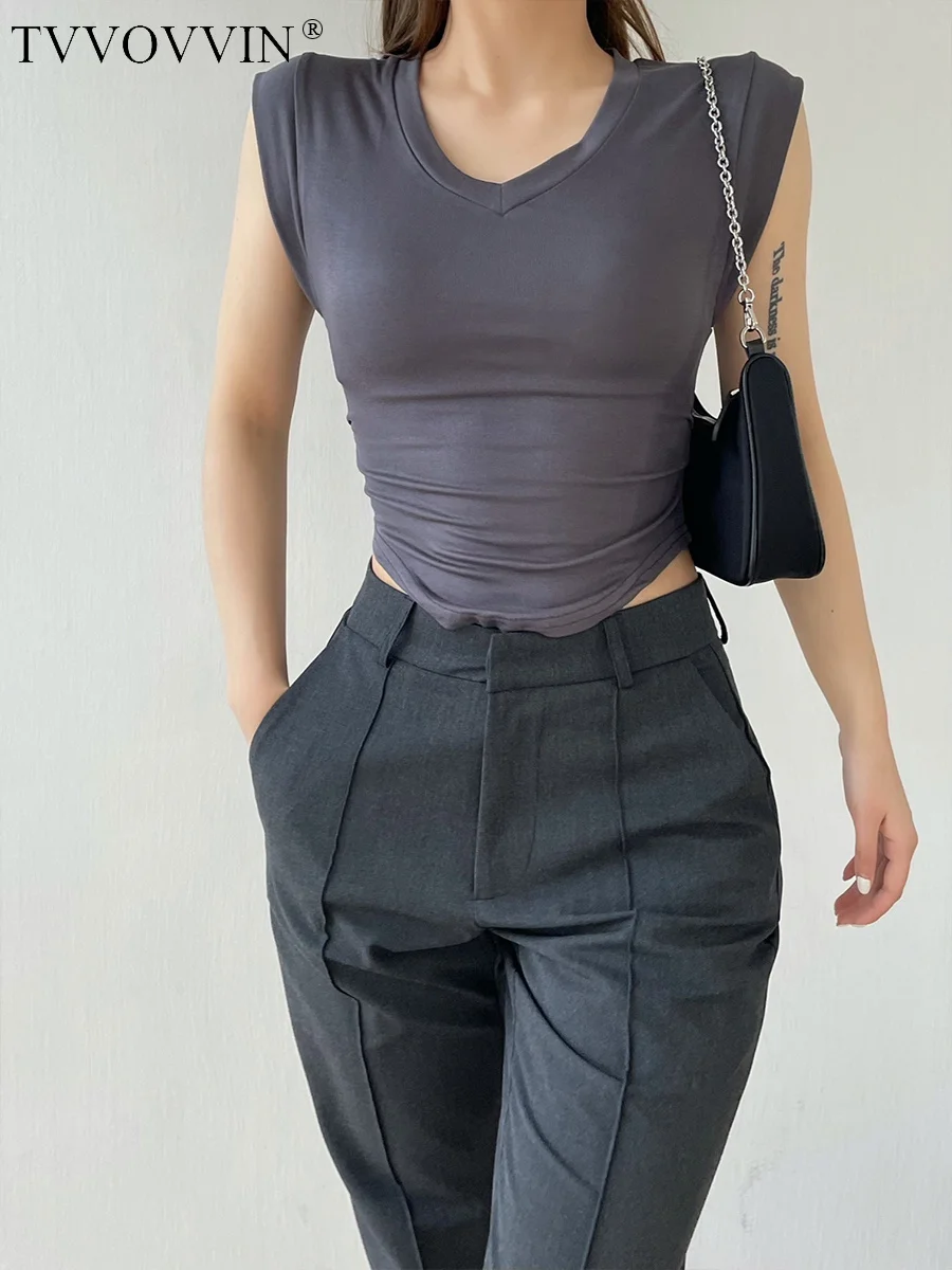 

TVVOVVIN Summer New Versatile Pullover V-Neck Slim Fit Women's T-shirt Irregular Hem Small Flying Sleeve Solid Short Top DZZX