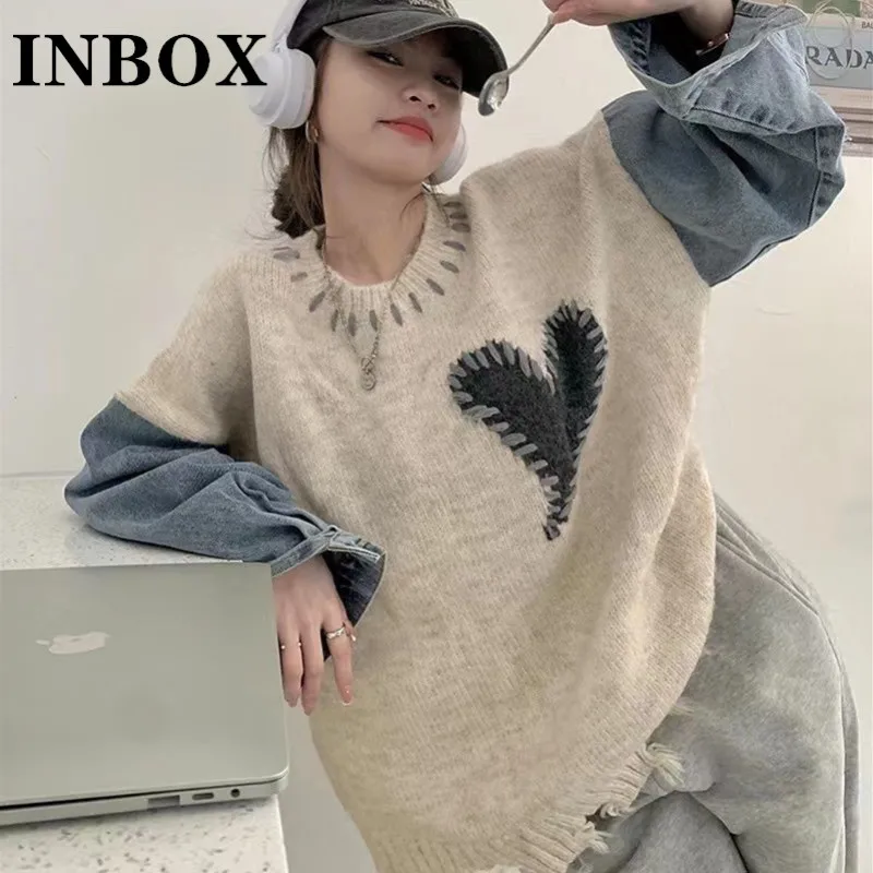 

Korean Style 2023 Loose Pothole Knited Women Patchwork Cowboy Women's Sweater Lady Casual Full Sleeve Outside Wear Clothing