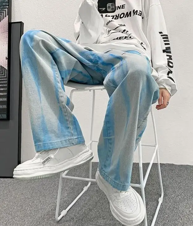 Jeans Men Tie Dye Print Denim Pants Baggy Elastic Waist Straight Trousers High Street Punk Cool Green Jeans