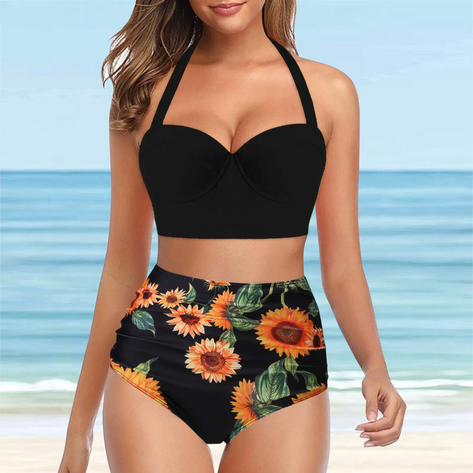 

Women Two Piece Swimsuit Vintage Vacation Beach Printing Swimwear Halter Ruched Wrap High Waist Swimming Suits Brazilian Biquini