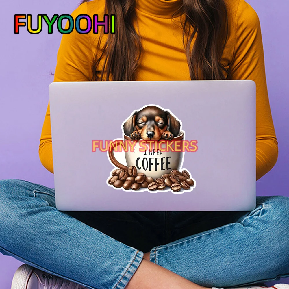 Наклейка FUYOOHI с изображением собаки с кофейной чашкой и кофейными зернами, самоклеящаяся, для украшения автомобиля, окна, бампера, стены, ноутбука (art.: 3920db47d7a6a) - 3920db47d7a6a
