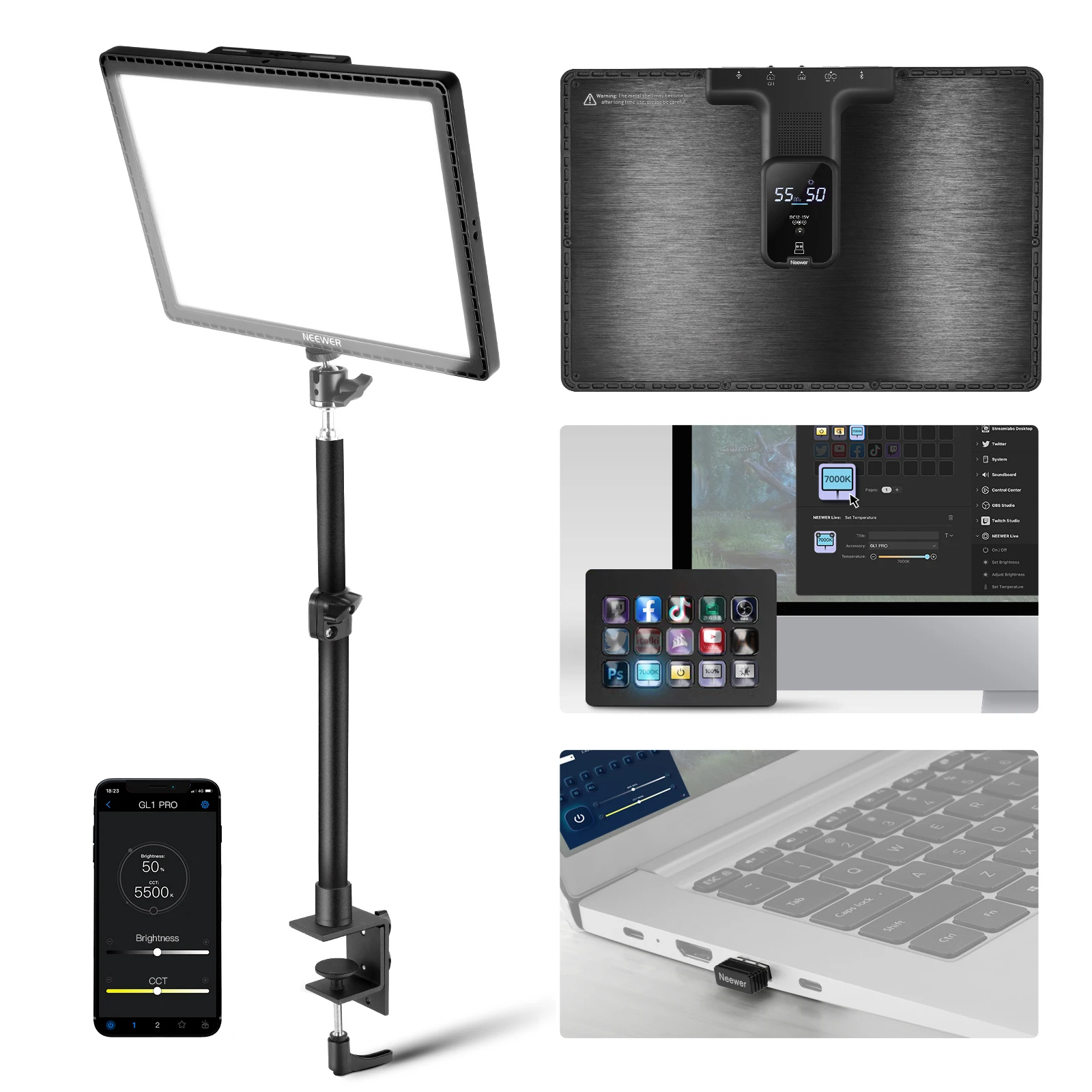 NEEWER GL1 PRO 15.5" Key Light Streaming Light, Video Light with 2.4G PC, Mac Control & iOS Android APP, 2800 Lumens LED Panel