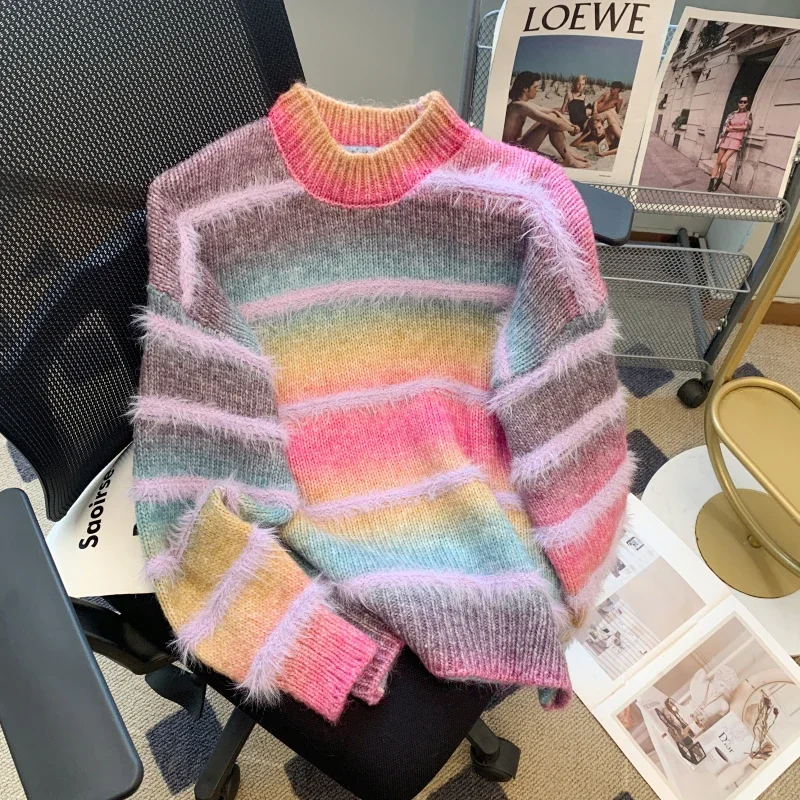 

Casual Loose Women's Sweaters Knitwear FASHION Jumpers Autumn/Winter Clothing Stripes Cashmere Spliced Women Pullovers