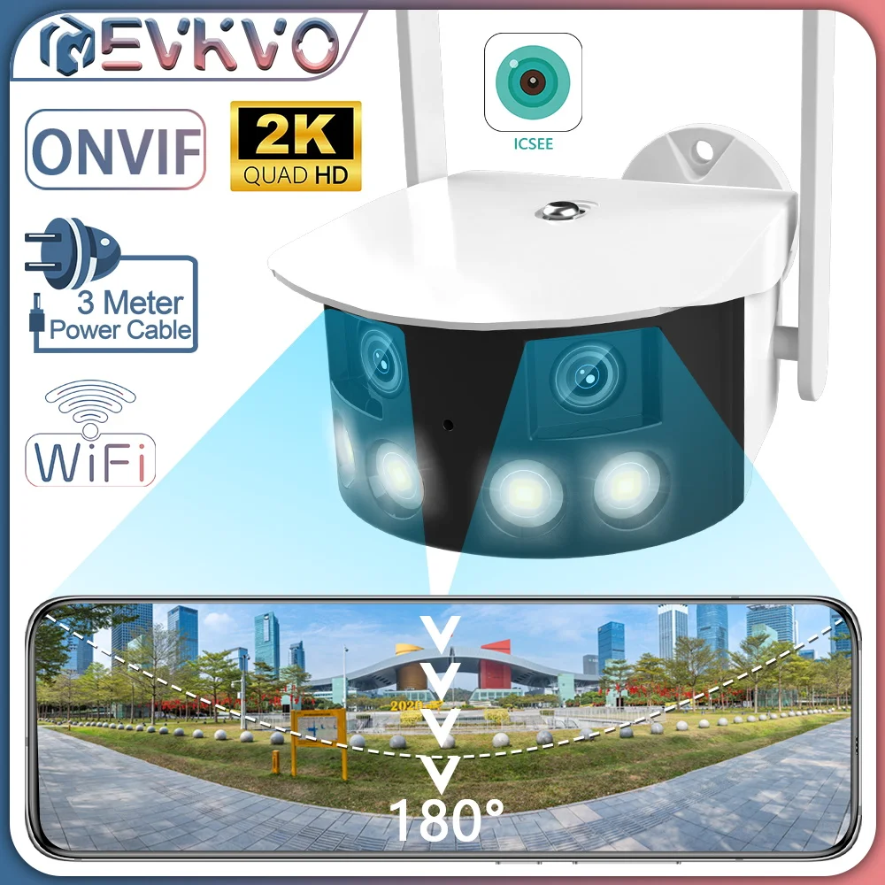 

2K 4MP iCSee Dual Lens Surevillance Camera 180° Ultra Wide Angle Panoramic Outdoor WIIF IP Camera CCTV 50M Night Vision Distance