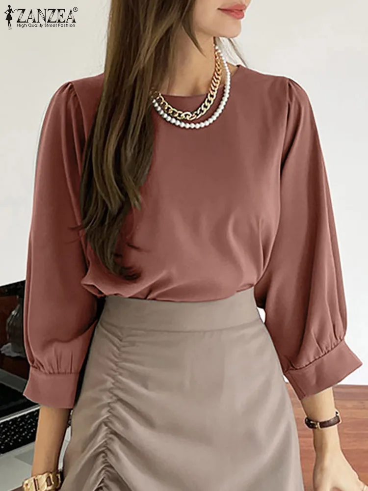 

ZANZEA Spring Fashion Tunic Blouse Puff Sleeve O-Neck Shirt Women Casual OL Chemise Elegant Lady Solid Color Work Tops Oversize