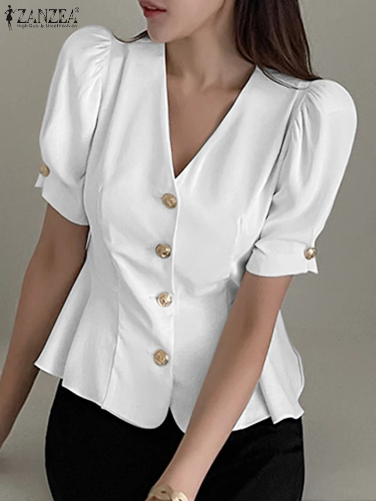 

Элегантная офисная рубашка ZANZEA с баской, женские летние топы, блузка с V-образным вырезом и коротким рукавом-фонариком на талии, корейская модная женская блузка на пуговицах