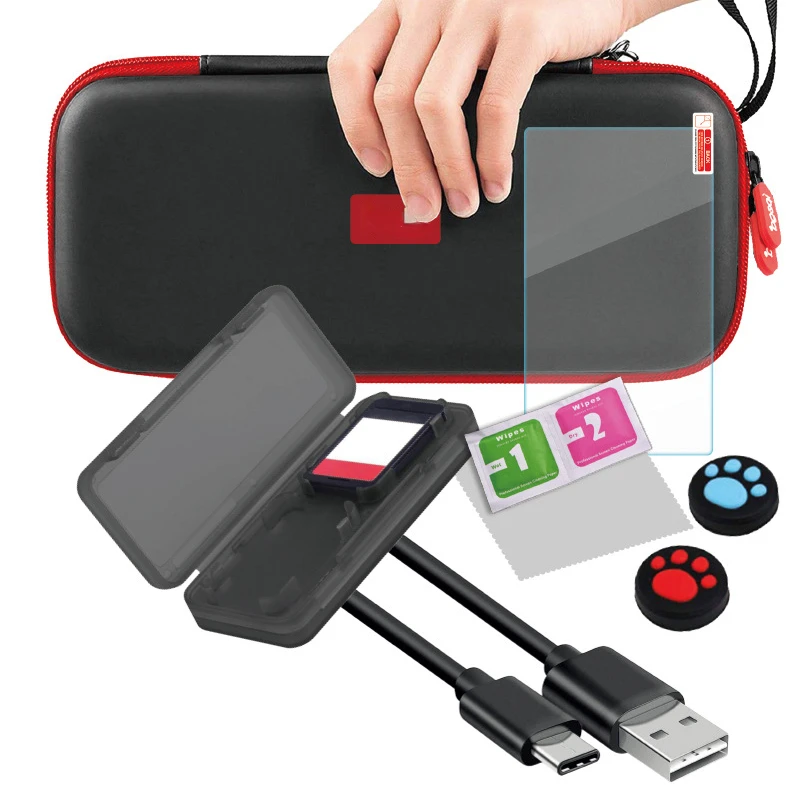 

For Switch 9-in-1 Set Storage Bag+card Box+cleaning Bag+toughened Film+rocker Cap+charging Cable