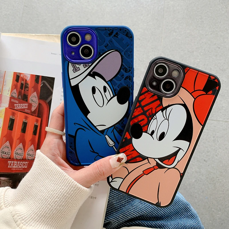 

Disney Mickey Minnie Mouse Plating Lens Protection Phone Cases For iPhone 13 12 11 Pro Max XR XS MAX 8 X 7 SE Couple Back Cover