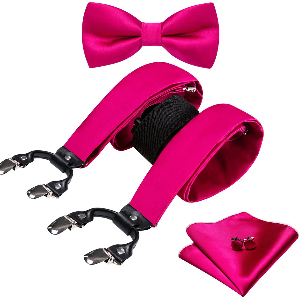 

Peach Pink Men's Suspenders Silk Belt High Quality Solid Bowtie Handkerchief Cufflinks Sets 6 Clips Adjustable Party Barry.Wang