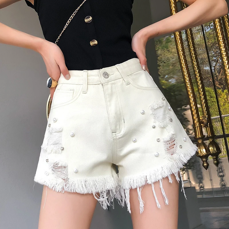 Summer 2021 Women Pink Ripped High Waist Shorts Female Pearl Tassel Decoration Denim Shorts Pink Lady All-match Jeans Streetwear