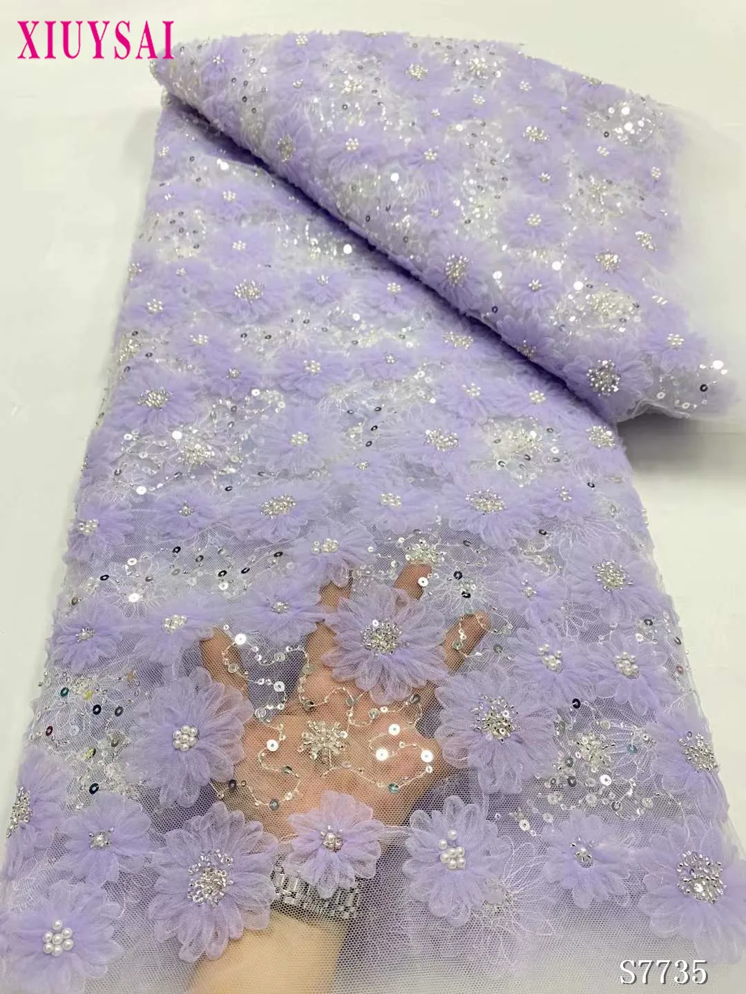 

African High-end Mesh Beaded Lace Fabric 2024 High Quality French Net Tulle Lace Fabrics Nigerian Purple Handmade Lace Fabric