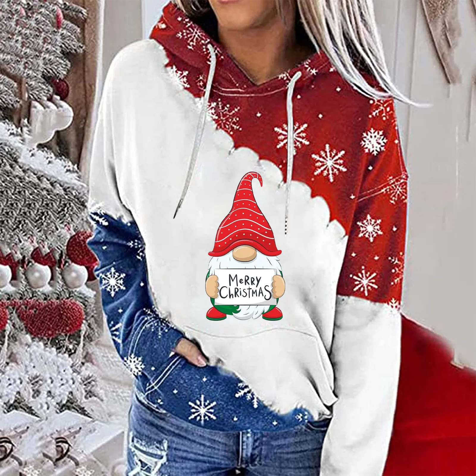 

Hoodies Women's Gnomes Merry Christmas Printed Color Block Hooded Pullover Long Sleeve Casual Sweatshirt Top Women's Clothes