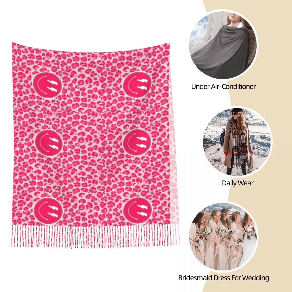 Шарф женский зимний розовый из пашмины с леопардовым принтом и улыбкой