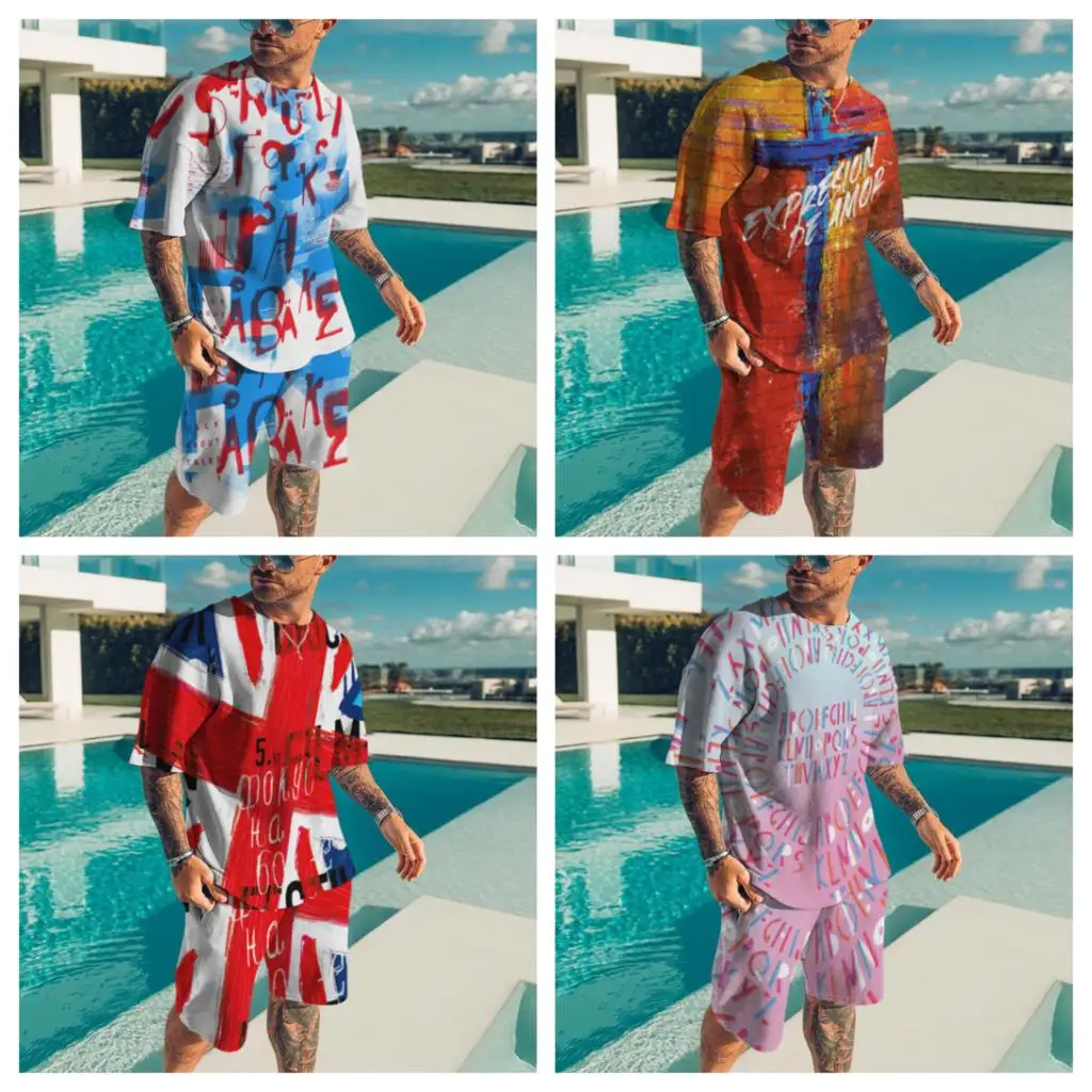 

New Summer Thin Men's Clothing 3D Graffiti Printed Sportswear Vintage Fashion Wild Trend Casual Sets Oversized T-shirts+Shorts