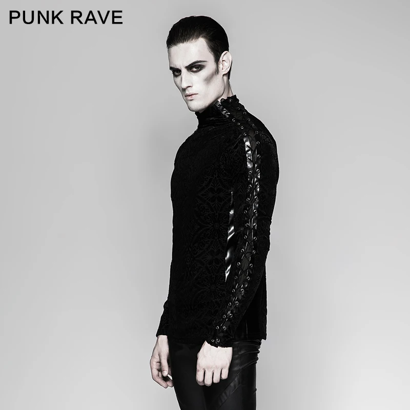 

PUNK RAVE Gothic Pattern Gorgeous Black Tight Fit Long Sleeve Plain Personality Bandage Men T-shirt Punk Motocycle Street Tops