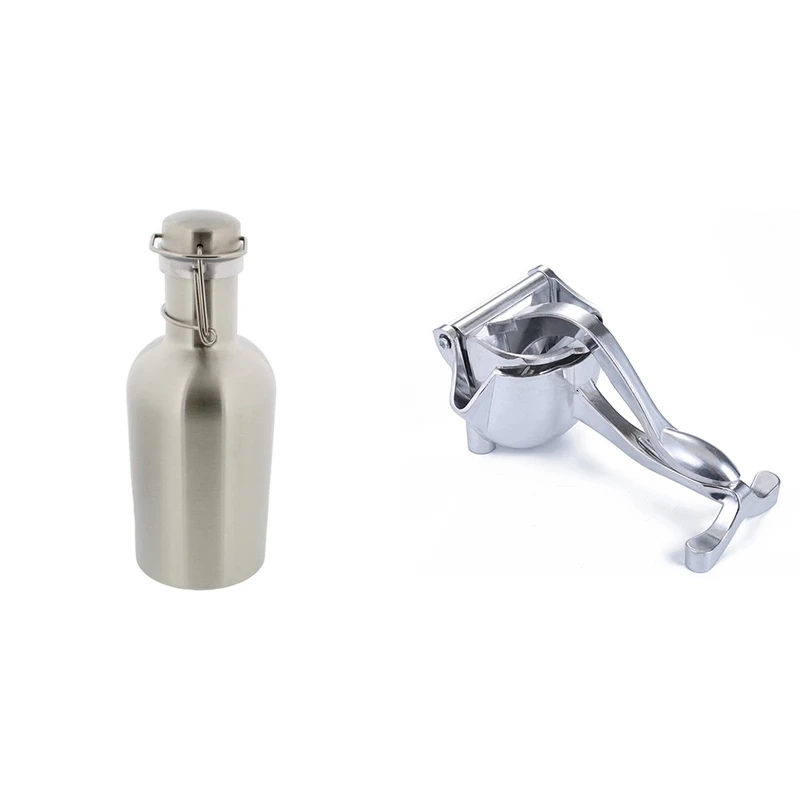 

1 Pcs Stainless Steel Beer Growler 33 Oz 1L Homebrew & 1 Pcs Fruits Squeezer Orange Lemon Juicer Hand Manual Juicer