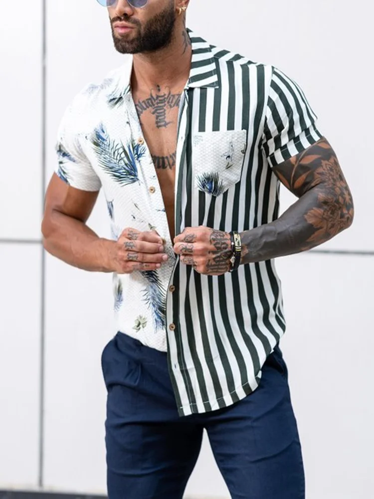 2022 Spring Men's Floral shirt Casual striped Print Shirts Streetwear Men's Clothing Cardigan pocket Long Sleeve Dress Shirt