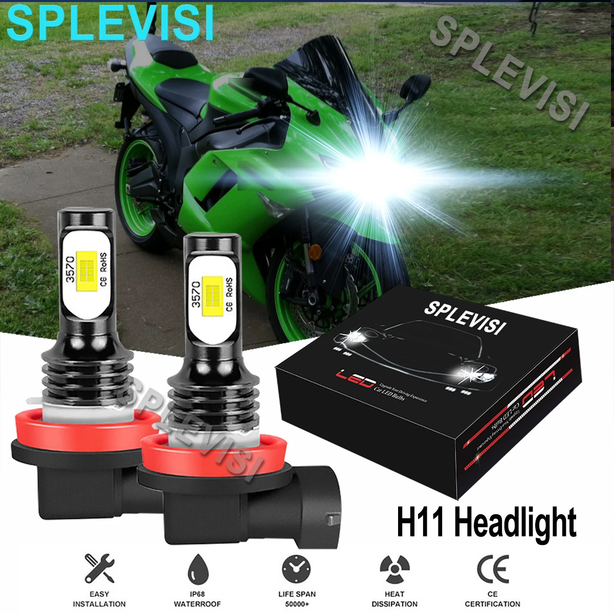 

2x70W H11 H8 Светодиодные лампы для фар 6000K чистый белый для Kawasaki ER-6N 2009 2010 дальний и ближний свет