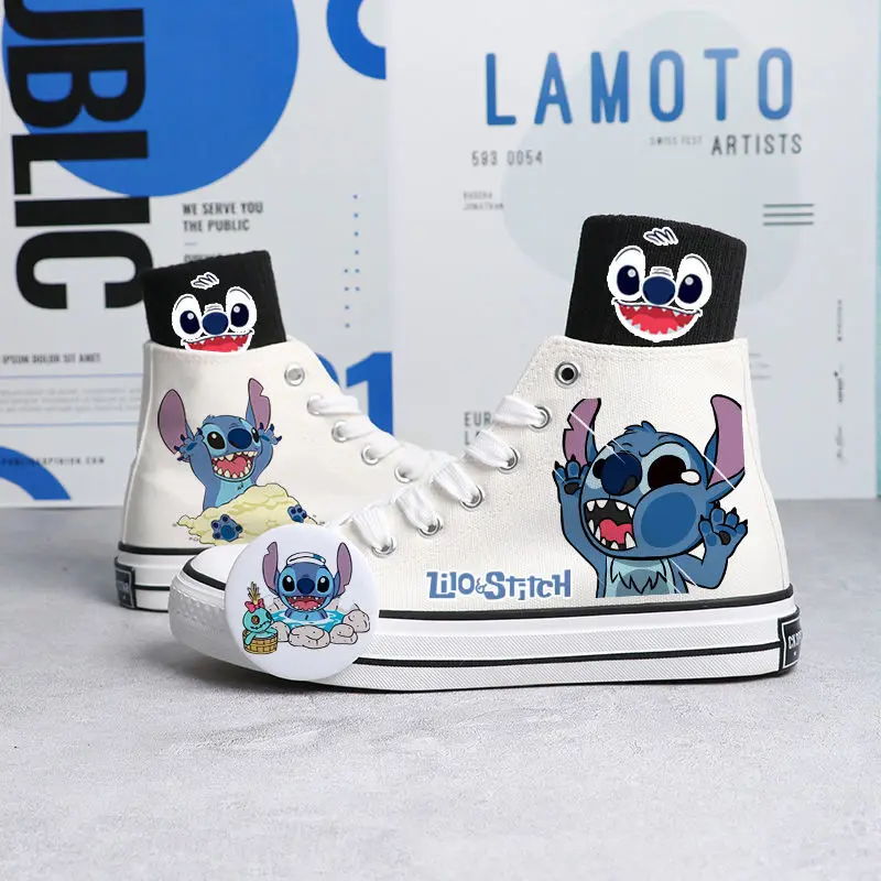 Disney New Real Photos Star Baby Stitch Hand-painted High-top Canvas Student Casual Large Children's Shoes Non-slip Sports Shoes