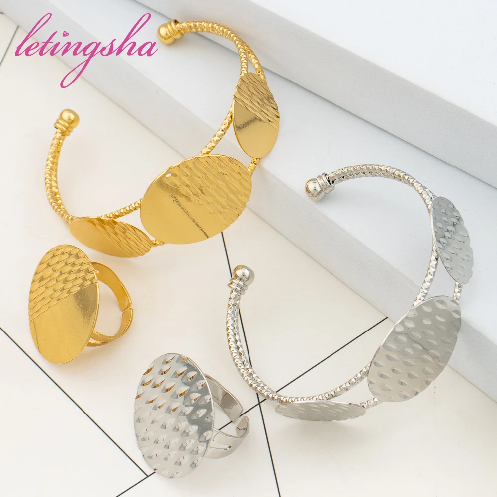 

Fashion Round Glossy Cuff Bracelet And Rings Sets Dubai Luxury 18K Gold Plated Bangle For Women Nigerian Party Gifts Accessories