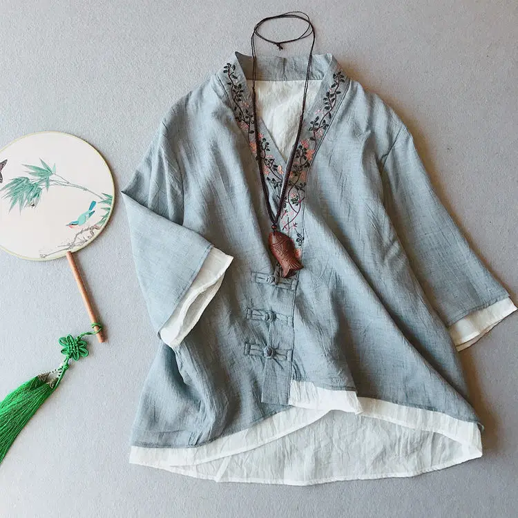 Блузка женская из хлопка и льна с вышивкой в китайском стиле |