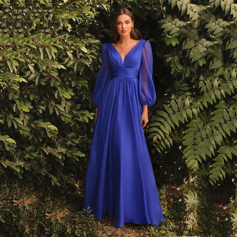 

Chiffon V Neck Elegant Evening Dresses 2023 Newest Pleated Empire Waist Full Sleeves A Line Formal Prom Party Gowns Floor Length