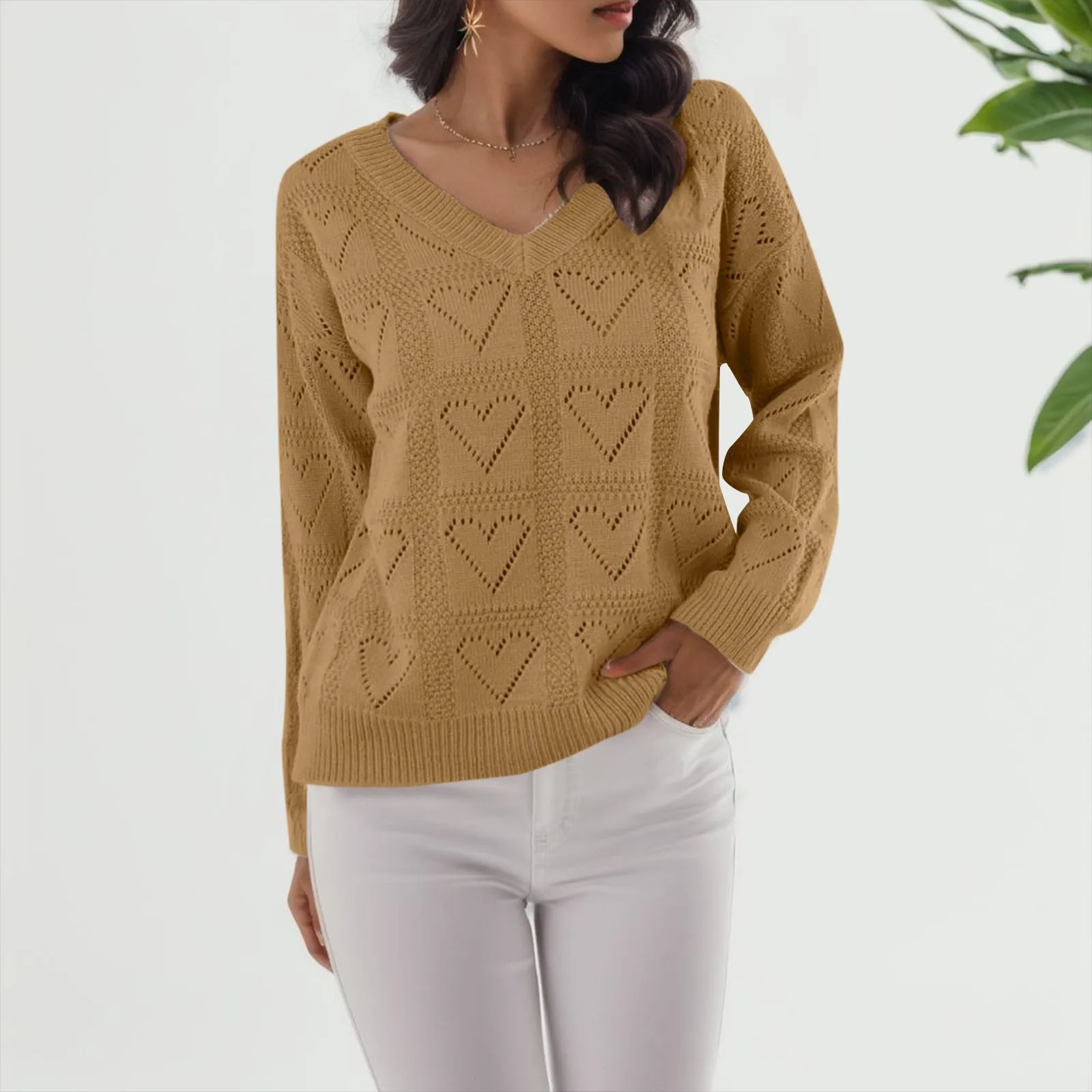 

Женский свитер в клетку с сердечками, свободный осенне-зимний Однотонный свитер с длинными рукавами в европейском и американском стиле