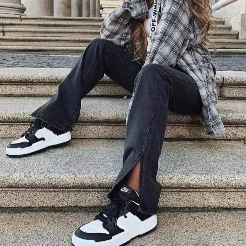 

Women Solid Vintage High Waist Side Split Jeans 2022 Spring Female Fashion Casual Elastic Pockets Streetwear Straight Trousers