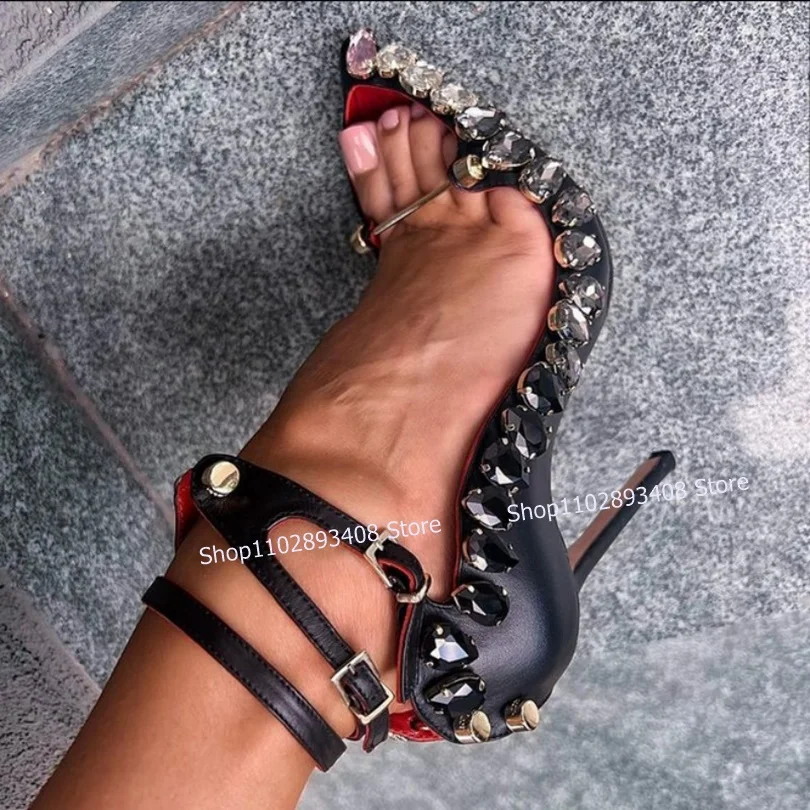 Crystal Pointed Toe Shallow Pumps Solid Metal Decor Thin High Heels Women Shoes Summer Fashion Party Shoes Zapatillas Mujer