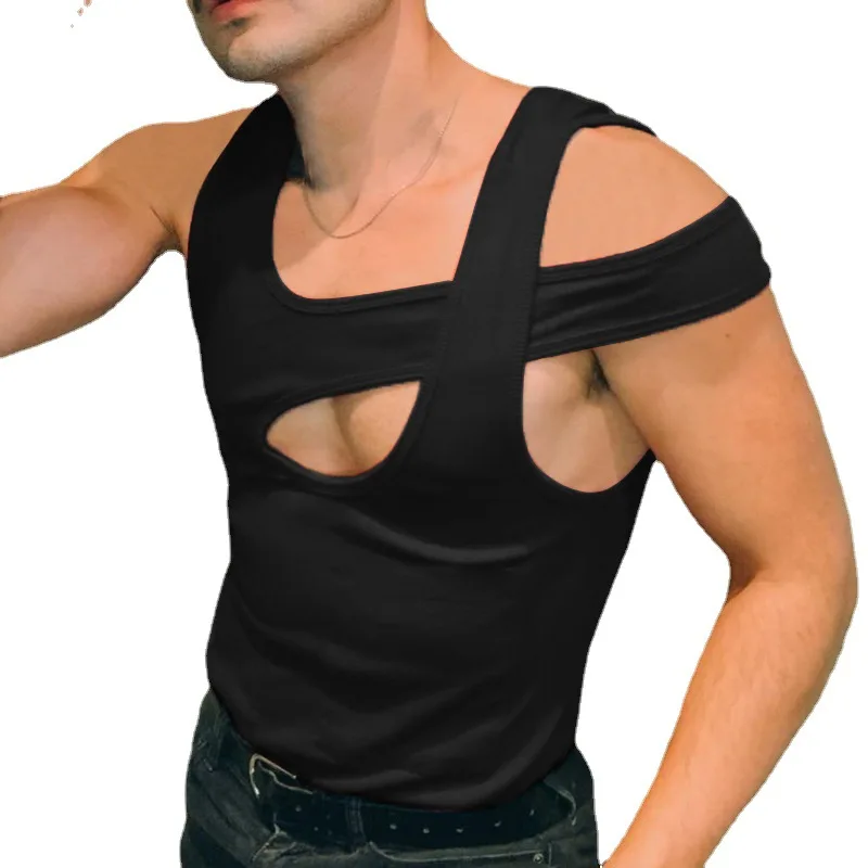

AIIOU Men Tank Tops Undershirts Solid Color Black Sleeveless Streetwear Hollow Out Irregular Crop Tops Summer Sexy Button Vests