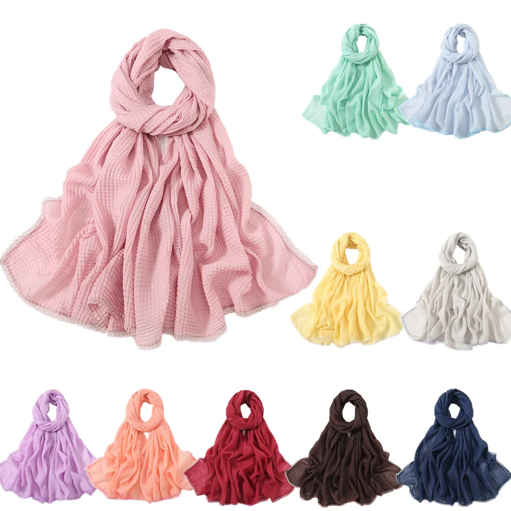 

Big Size Crinkle Hijabs for Woman Pleated Scarf Hijab Hood Women Shawls High Quality Lace Edge Muslim Headband Wraps Turbans