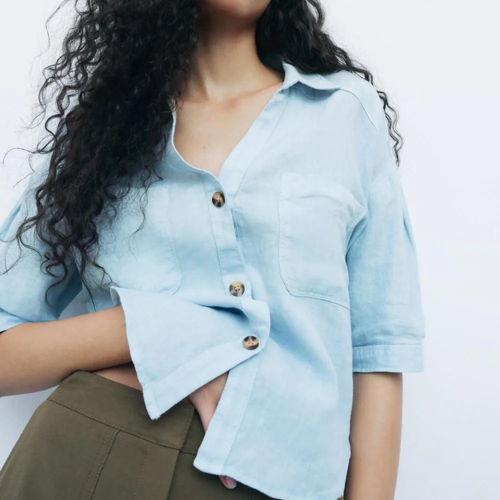

2022 Fashion Spring Za spring new women's temperament commuter short sleeved Linen Shirt