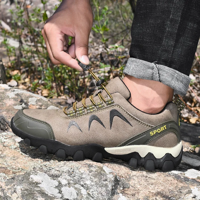 HIKEUP Outdoor Sports Anti-Collision Toe Waterproof for Men Hiking Shoes Cowhide Leather Trekking Sneakers Outdoor Jogging