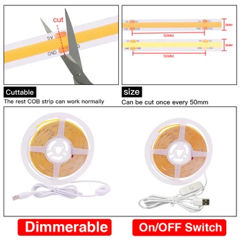 Dimmerable COB Strip DC 5V USB 320 LEDs/m White/Warm White/Red/Blue/Green High Density Flexible LED Tape RA90 FOB LED Light 6
